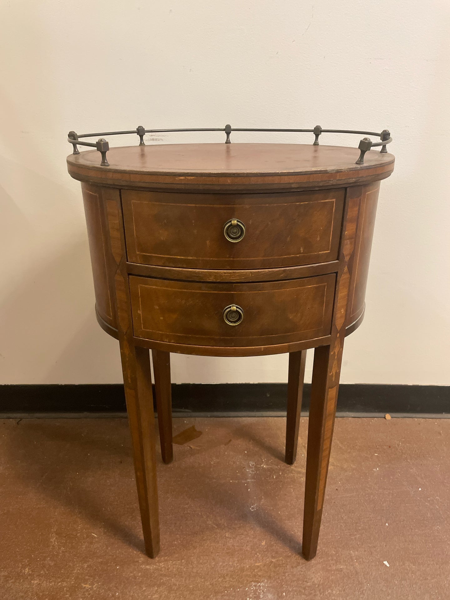 Oval Vintage 2 Drawer Table with Gallery  Rail