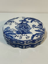 Load image into Gallery viewer, Vintage Blue and White Chinoiserie Lidded Box with "Speak No Evill" Monkey

