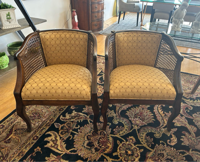 Pair of Vintage MCM Barrel Chairs with Cane Sides