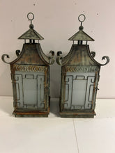 Load image into Gallery viewer, Pair of Green Patina Metal Pagoda Lanterns
