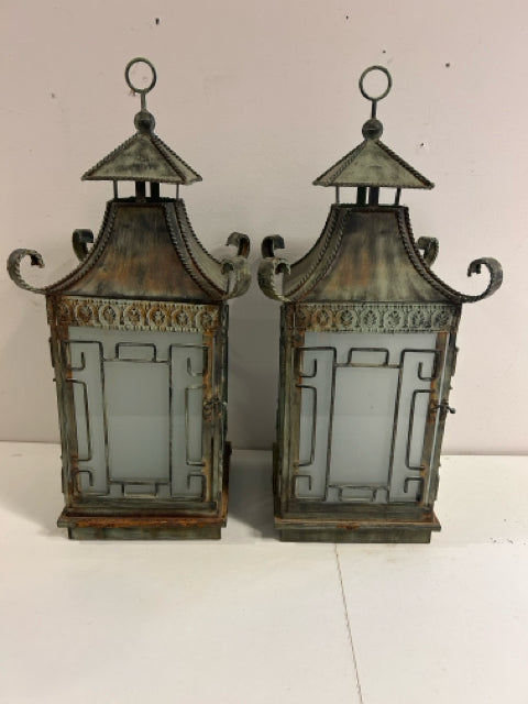 Pair of Green Patina Metal Pagoda Lanterns