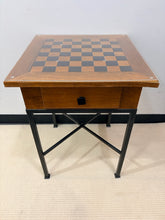 Load image into Gallery viewer, Wood Game Table on Metal Legs with Chess &amp; Checkers Pieces from Pottery Barn
