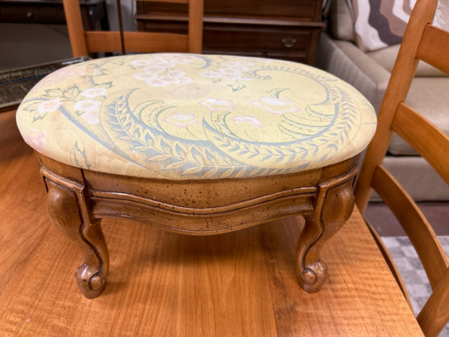 Wood Footstool with Floral Upholstery