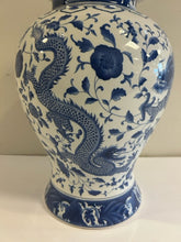 Load image into Gallery viewer, Large Blue &amp; White Porcelain Ginger Jar with Dragon &amp; Floral Pattern from Chelsea House
