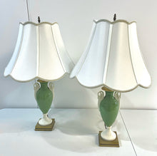 Load image into Gallery viewer, Pair of Green Neoclassical Porcelain Urn Lamps with Swan Handles and Brass Base
