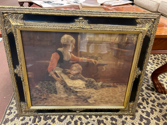 Mother and Child Reading in Black & Gold Frame