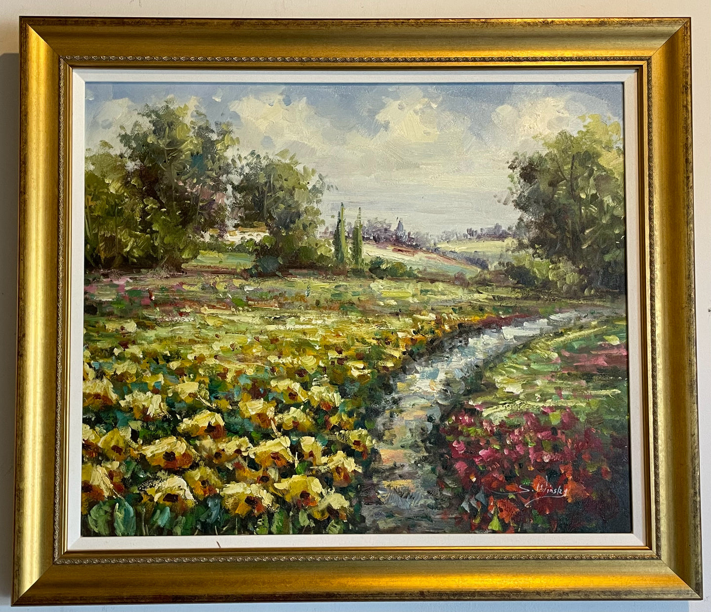 Framed Oil Painting of Flowers and Stream by Steve Winsky, signed