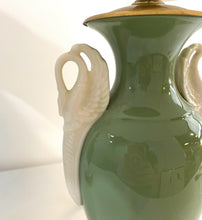 Load image into Gallery viewer, Pair of Green Neoclassical Porcelain Urn Lamps with Swan Handles and Brass Base

