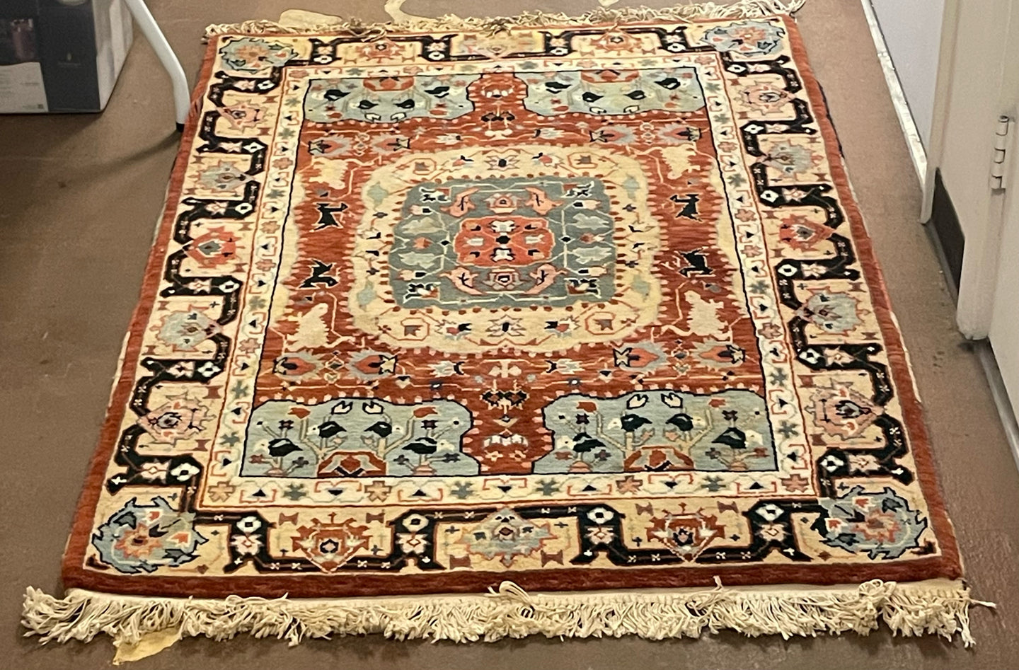 100% Wool Area Rug in  Dark Rust, Teal and Cream