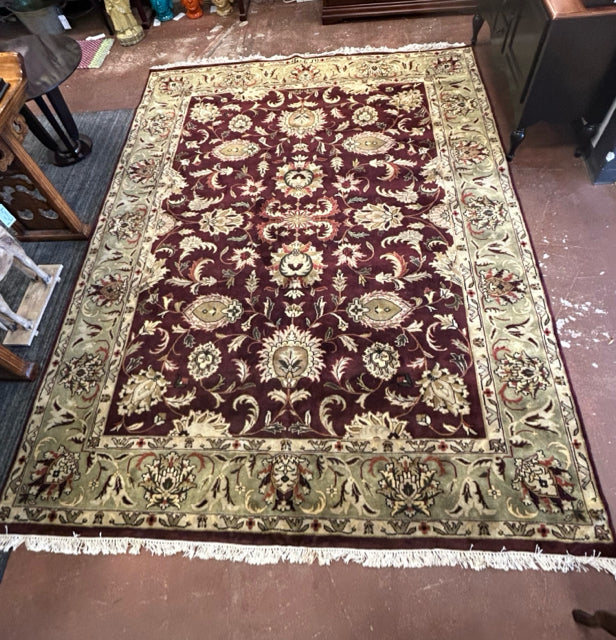 100% Wool Cranberry & Sage Green Area Rug