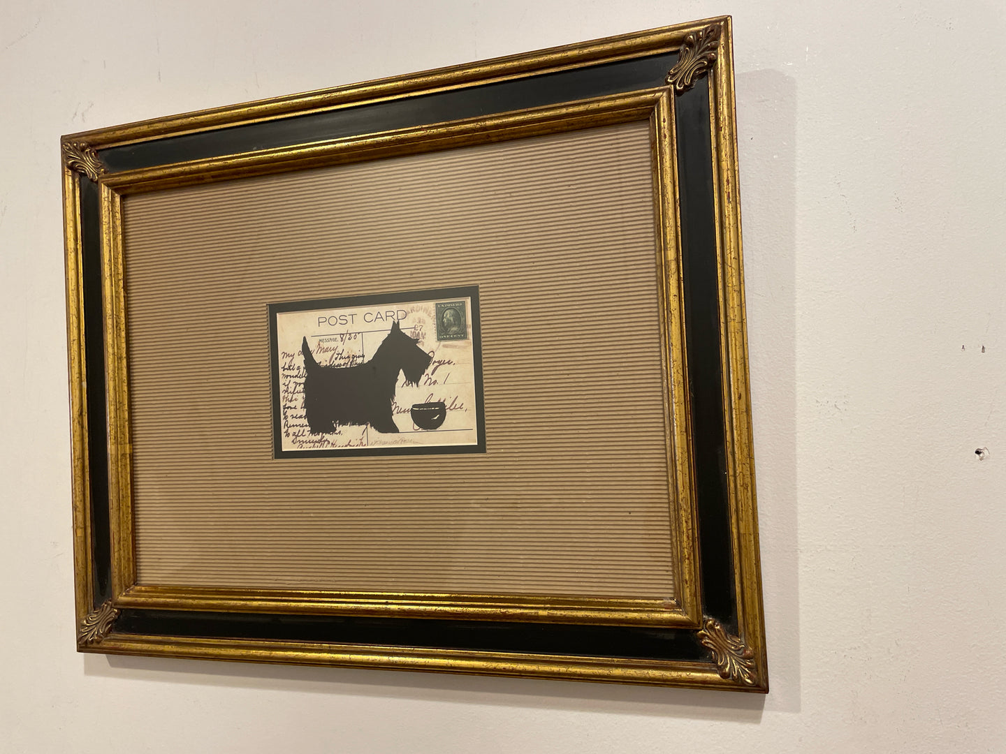 Framed Postcard of Scottish Terrier Overlay with Franklin Stamp