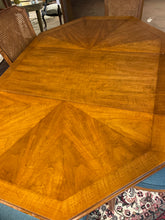 Load image into Gallery viewer, Octagonal Dining Table with 6 Herringbone Upholstered Cane Back Side Chairs, Two  Leaves &amp; Pads
