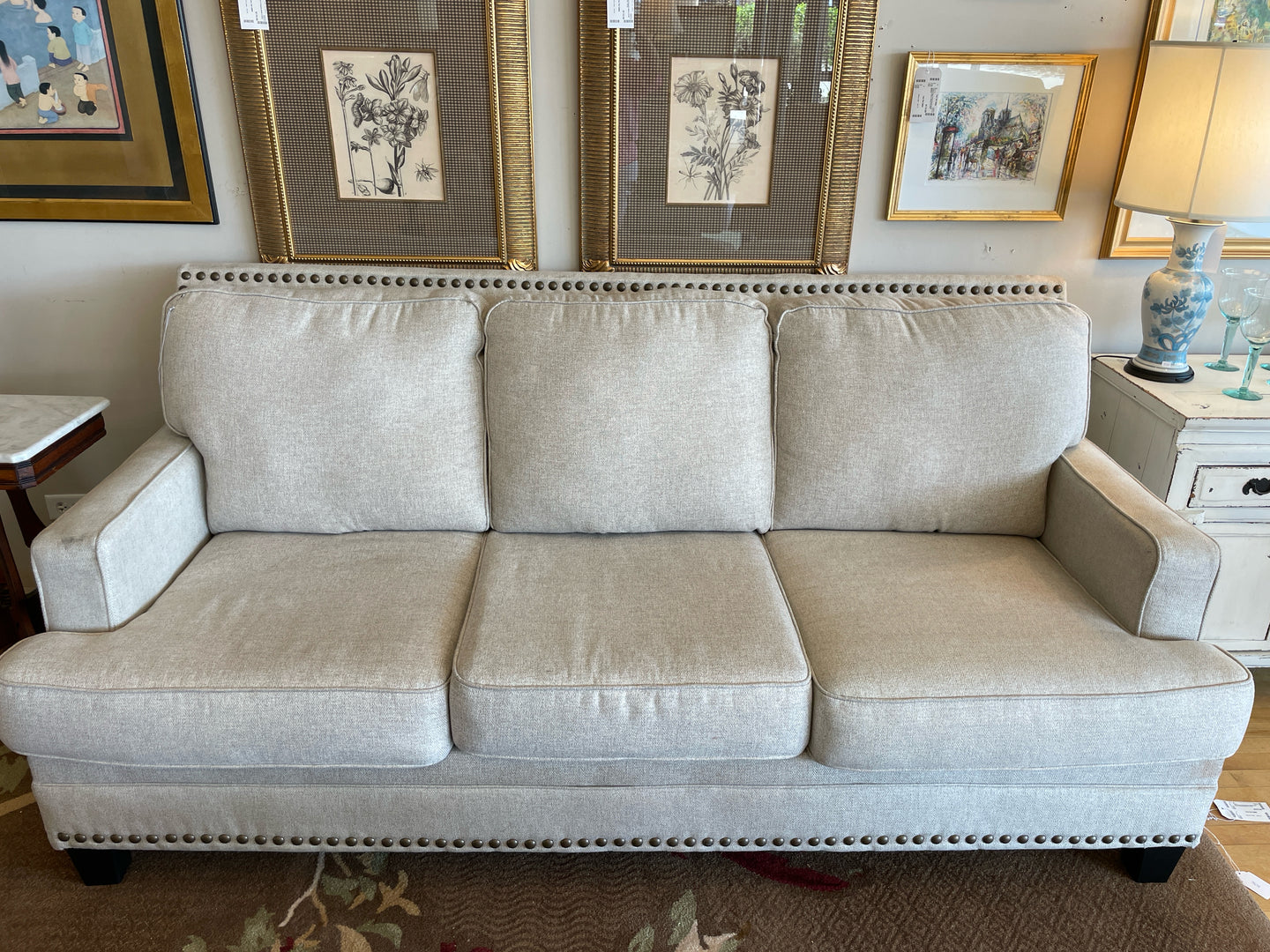 Tweed Three Cushion Sofa with Nailhead Trim