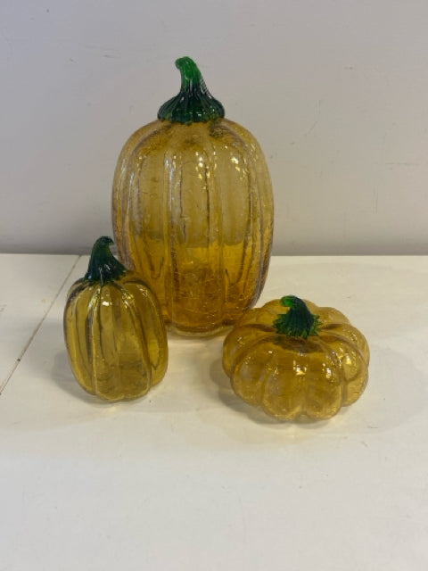 Set of Three Yellow Crackled Glass Pumpkins