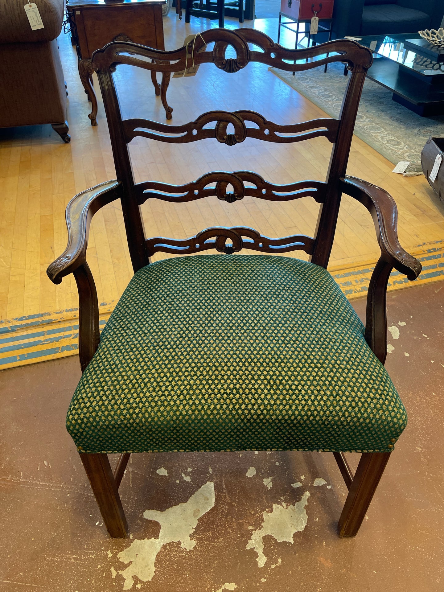 Wood Arm Chair with  Green Upholstery