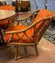 Load image into Gallery viewer, Game/ Dining Table,4 MCM Bamboo Style Arm Chairs with Orange Upholstered Cushions
