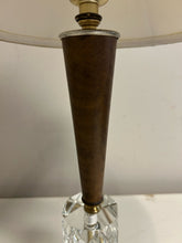 Load image into Gallery viewer, Pair of MCM Teak, Brass &amp; Crystal Table Lamps
