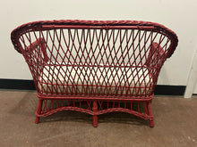 Load image into Gallery viewer, Childs Wicker Bench with Red &amp; White Checked Cushion

