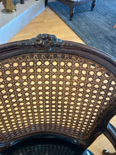 Load image into Gallery viewer, Pair of Cane Back Louis XV Carved Chairs with  Black Patent Leather Seats
