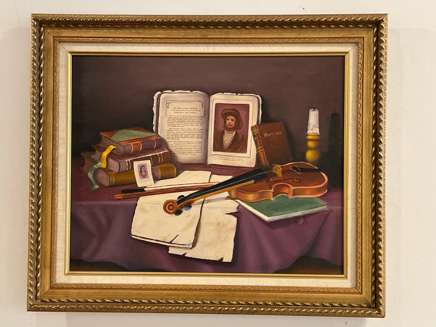 Framed Still Life Oil of Books and Violin