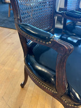 Load image into Gallery viewer, Pair of Cane Back Louis XV Carved Chairs with  Black Patent Leather Seats
