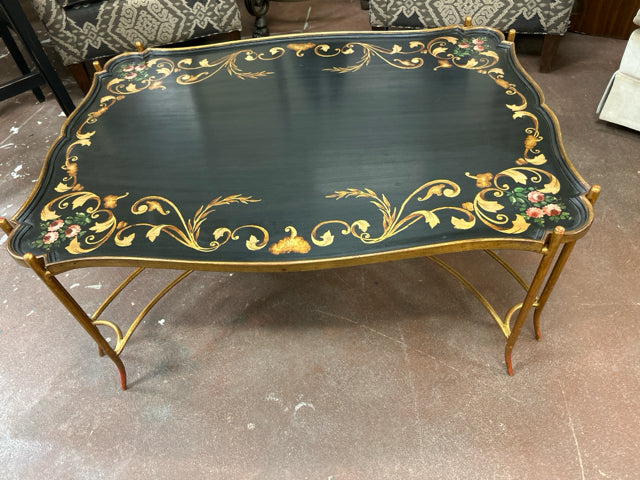 Gold Scrolled Black Tray Coffee Table on Gold Base