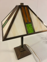 Load image into Gallery viewer, Pair of Tiffany Style Table Lamps with Mission Style Lamp Shades &amp; Bronze Base
