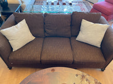 Load image into Gallery viewer, Three Cushion Rolled Arm Sofa in Brown Tones from Wesley Hall
