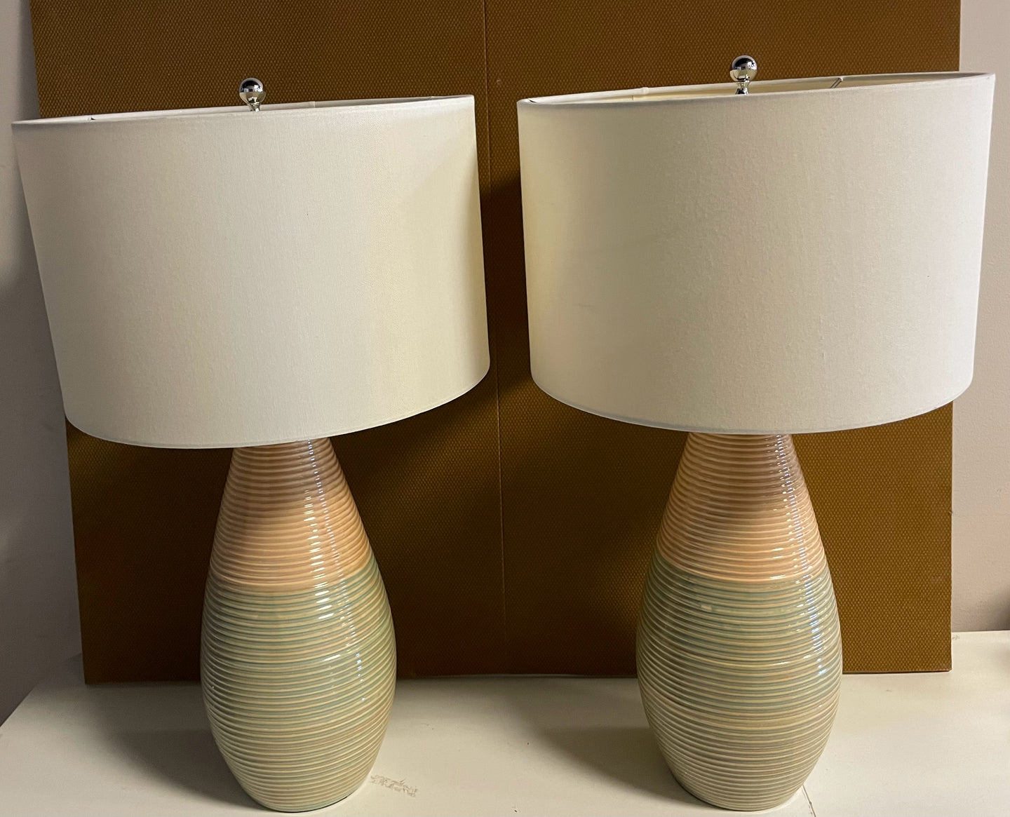 Pair of Green & Pink Ceramic Lamps
