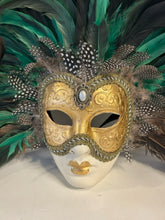 Load image into Gallery viewer, Hand Painted Venezia Mask with Green &amp; Black Feathers made in Italy
