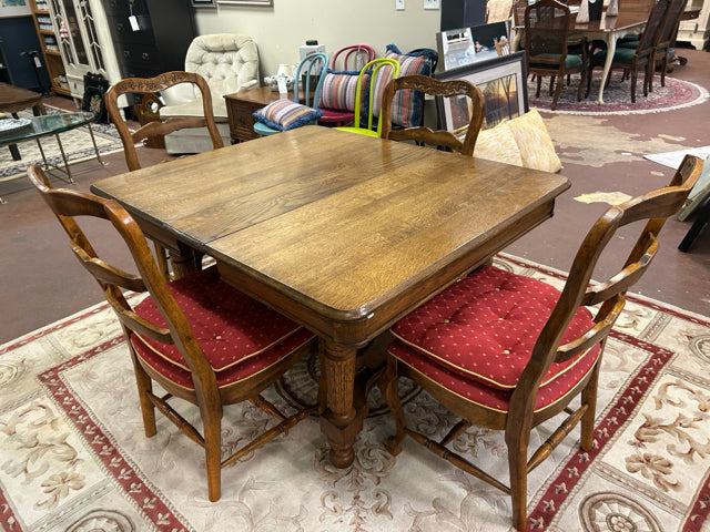 Vintage Oak Dining Table (1880's), with Four Ladderback Upholstered Chairs & 3 Leaves