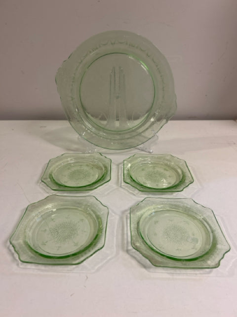 Cameo Green Uranium Depression Serving Plate & 4 Dessert Plates from Hocking & Co.