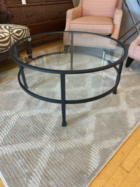 Two Tiered Black Iron Framed Glass Coffee Table