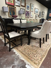 Load image into Gallery viewer, Black Painted Dining Room Table, 4 Upholstered Side Chairs &amp; Two Wood Framed Head Chairs with Three 11&quot; Leaves
