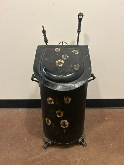 Vintage Tole Coal Scuttle Fireplace Box with Tools