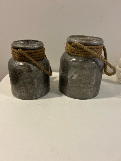 Two Frosted Glass Candle Lanterns with Rope Detailing