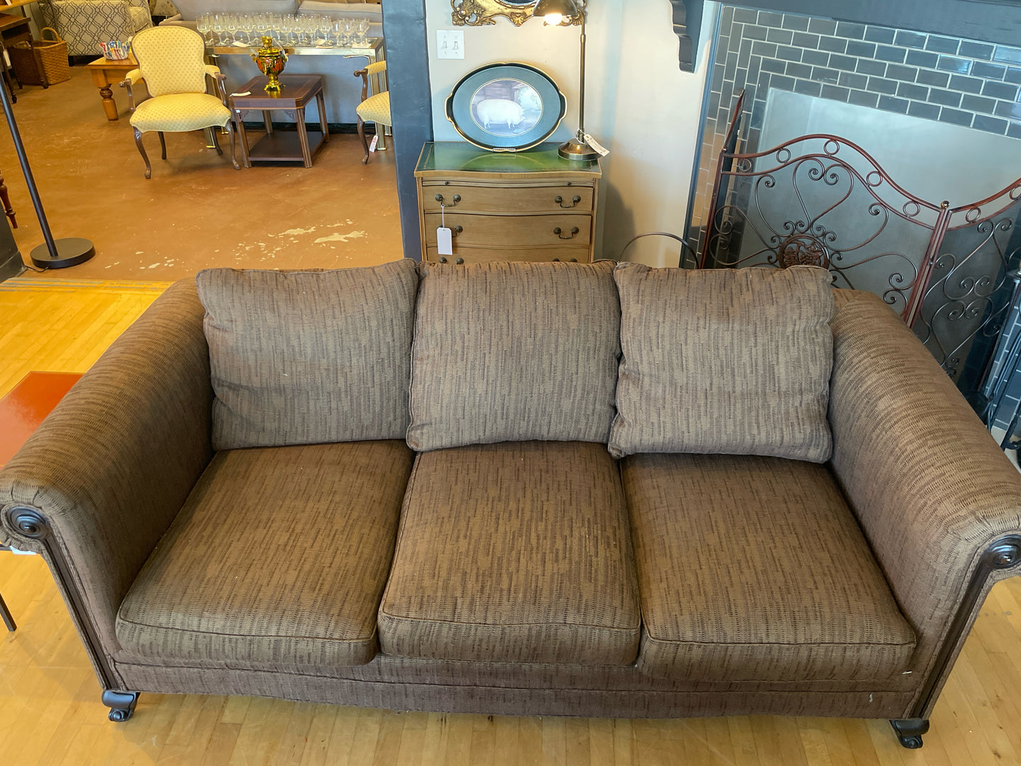 Three Cushion Rolled Arm Sofa in Brown Tones from Wesley Hall