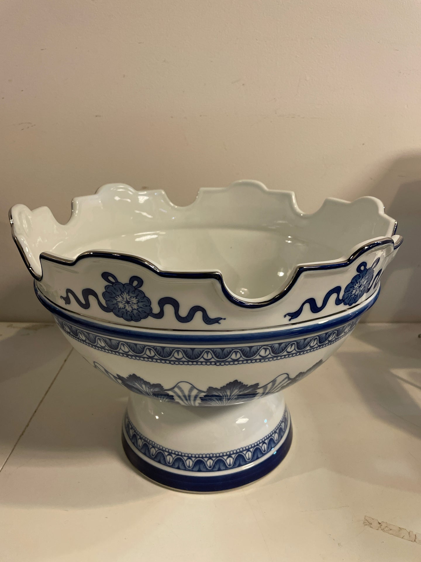 Blue & White Chinoiserie  Bowl on Pedestal from  Bombay