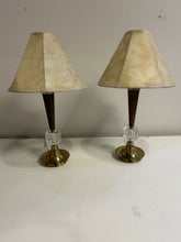 Load image into Gallery viewer, Pair of MCM Teak, Brass &amp; Crystal Table Lamps
