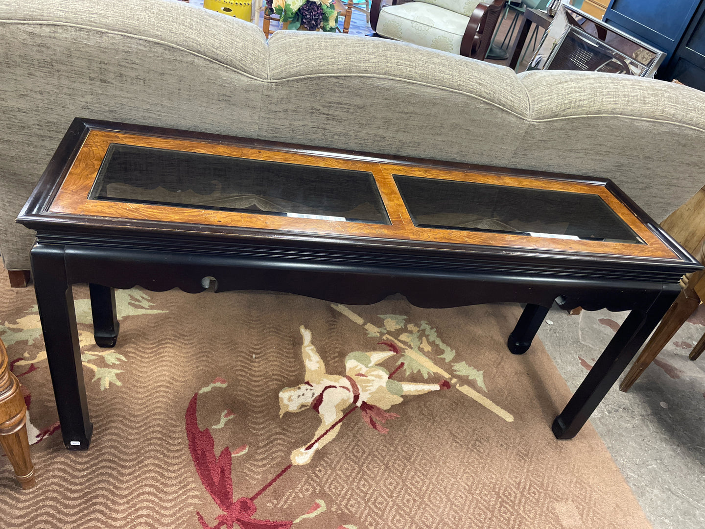 Black & Burled Wood Console Table with Smoke Glass from Gordon Furniture