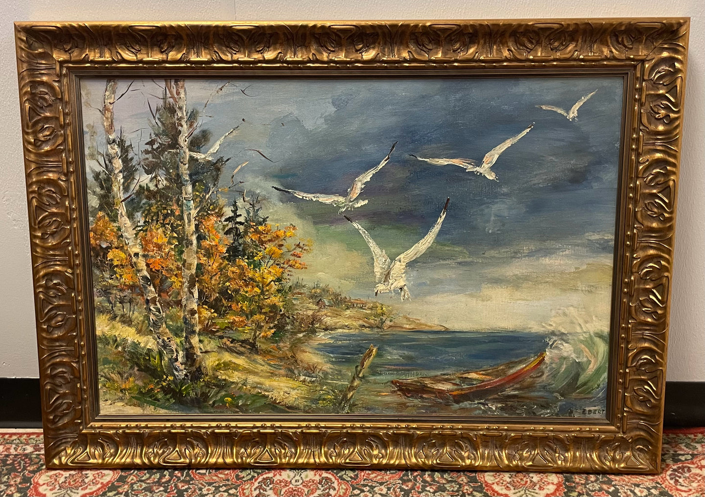 Framed Original Oil of  Seagulls over Water by Rose Ebert, signed