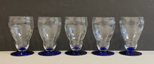 Load image into Gallery viewer, Five Vintage Art Deco Floral Etched Stemware on Cobalt Blue Base
