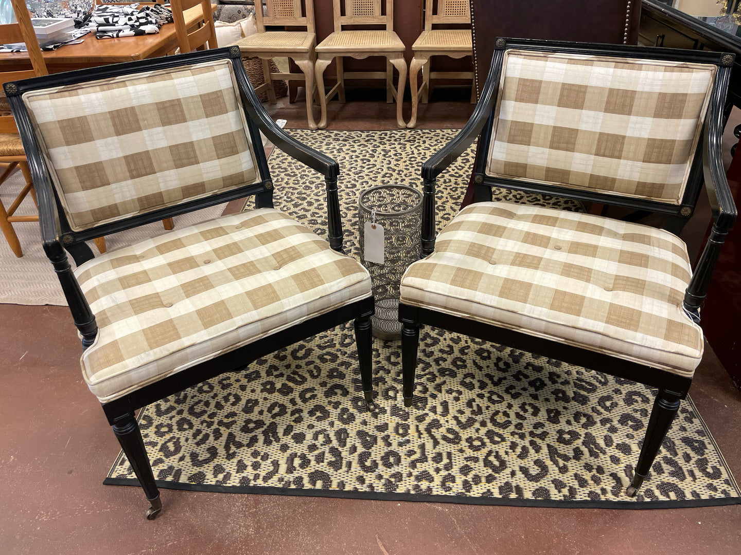 Pair of Checked Upholstered Chairs with Black Frame