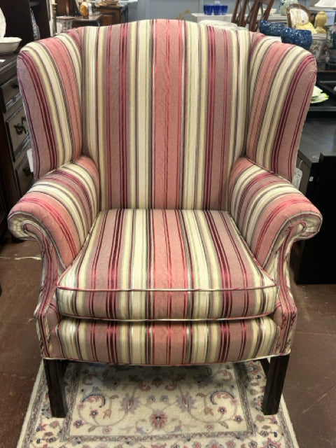 Raspberry & Cream Striped Wing Chair