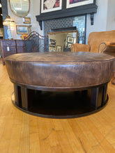 Load image into Gallery viewer, Round Leather Ottoman with  Black Wood Base from Century Furniture Co.
