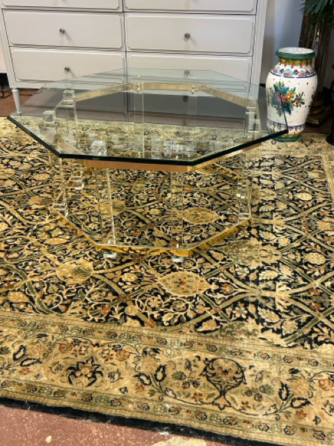 1970's Vintage Lucite & Glass Top Coffee Table with Gold Accents Attributed to Charles Hollis Jones