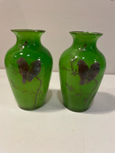 Load image into Gallery viewer, Pair of Green &amp; Gold Vases with Birds
