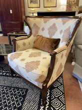 Load image into Gallery viewer, Custom Brown and White Curved Wingback Accent Chair with Velvet Pillow from Baker Furniture
