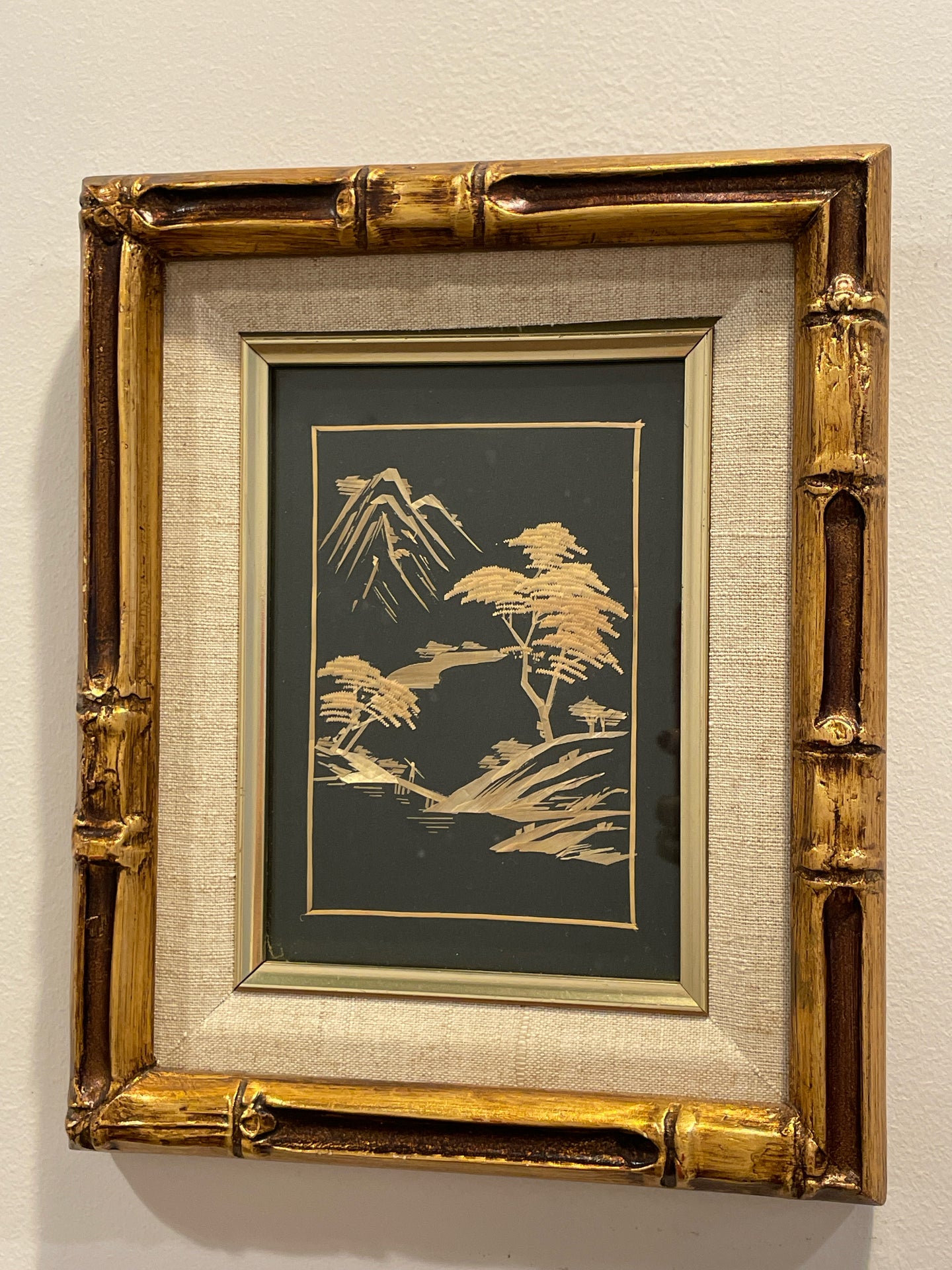 Vintage Asian Landscape Scene in Gold Frame