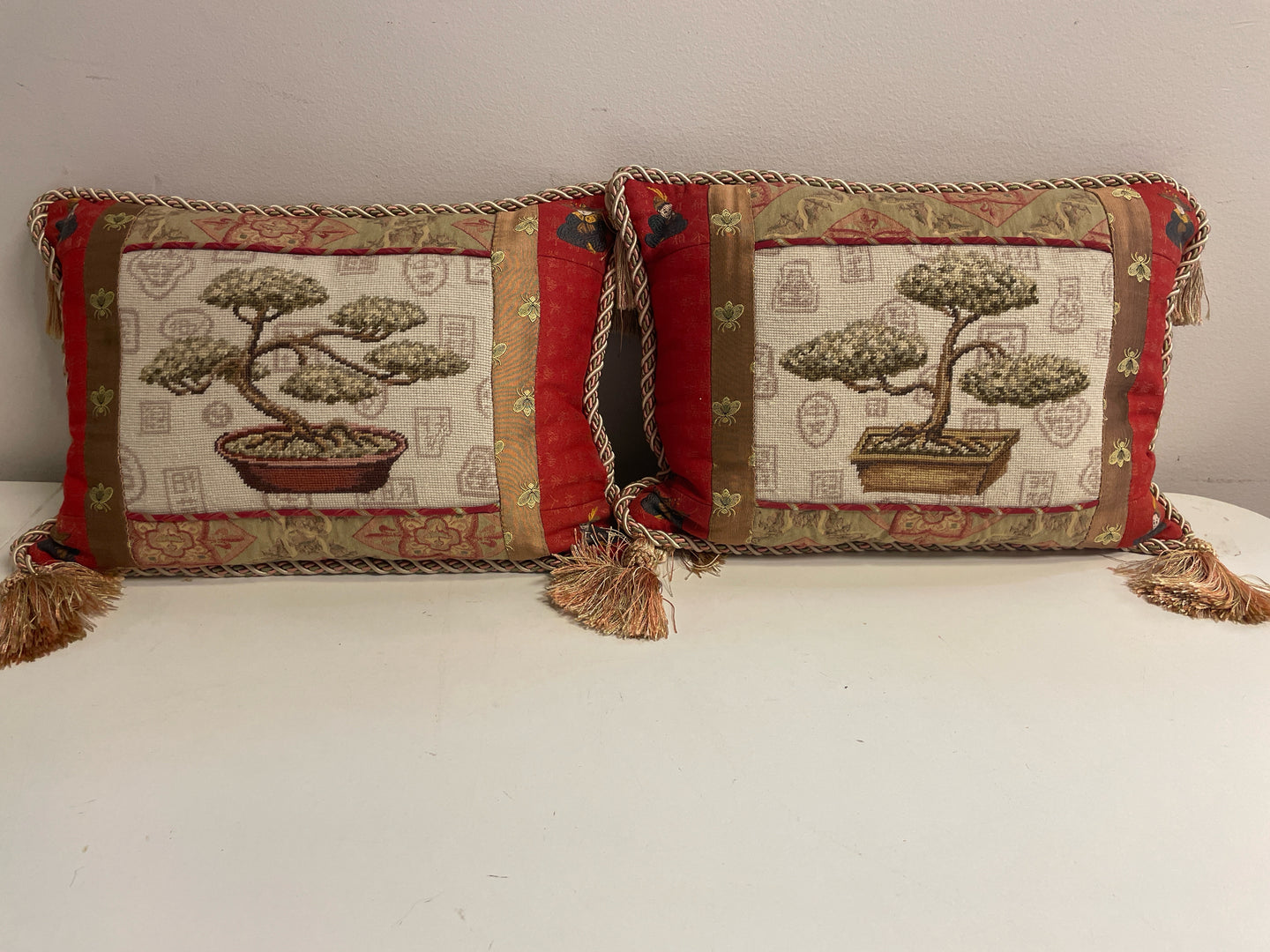 Pair of Needlepoint Bonsai Pillows